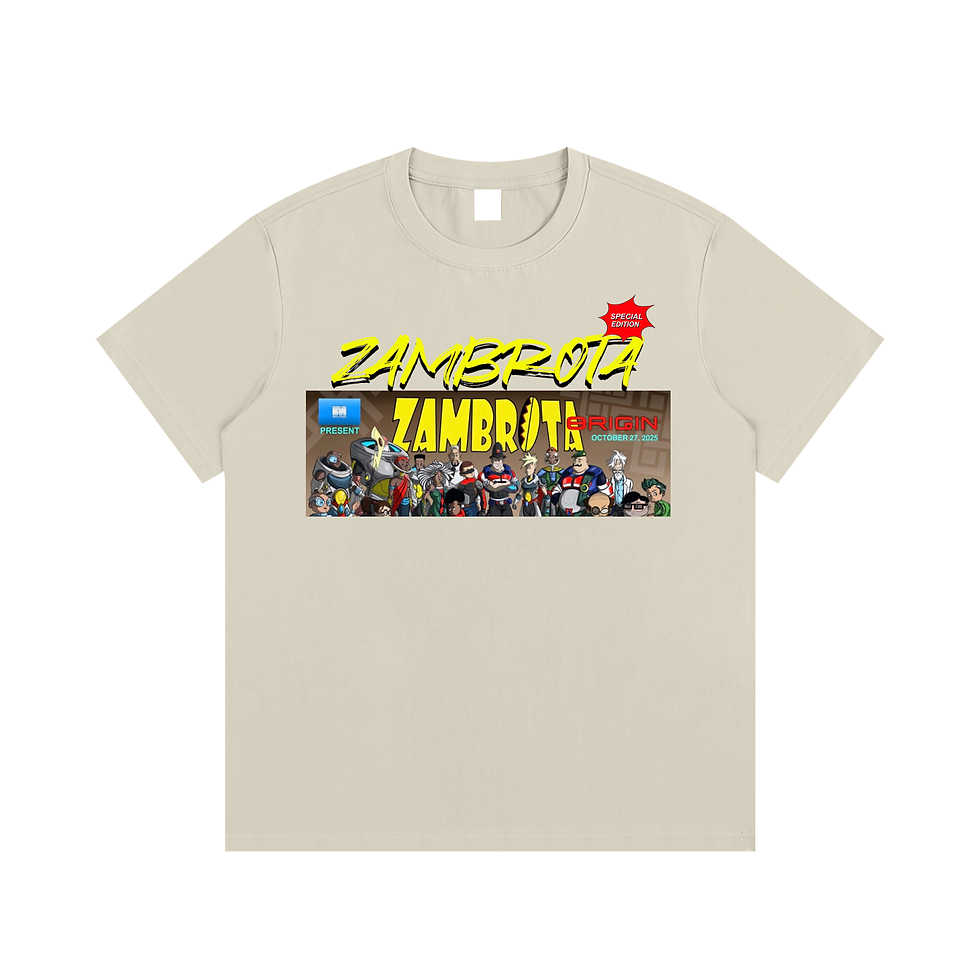 Thumbnail: Beige T-shirt with the word ZAMBROTA over a group of figures BM arts studio