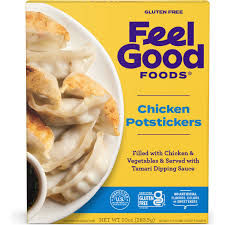 Yellow package of Feel Good Foods chicken potstickers with gluten-free label, showing potstickers on a plate. Text describes ingredients.