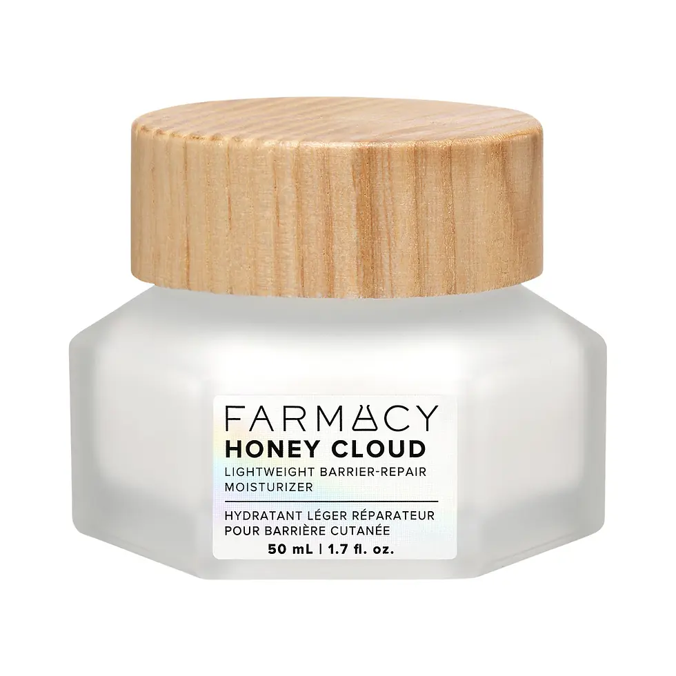 Jar of Farmacy Honey Cloud moisturizer with wooden lid, white frosted glass, and text detailing lightweight barrier-repair properties.