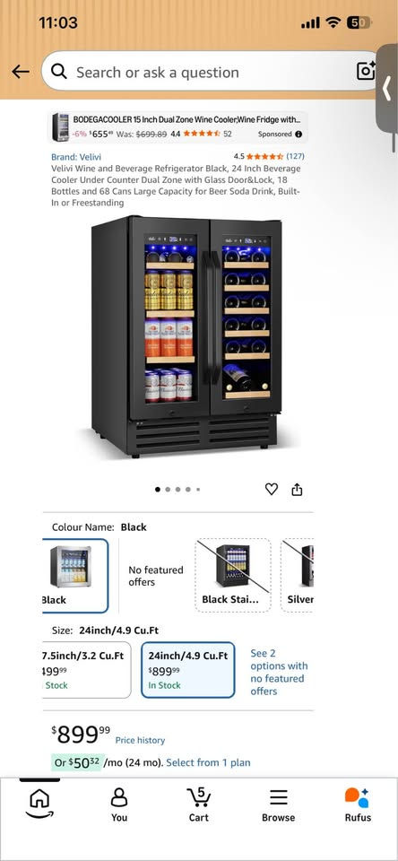 Thumbnail: Velivi Wine and Beverage Refrigerator Black, 24 Inch Beverage Cooler 