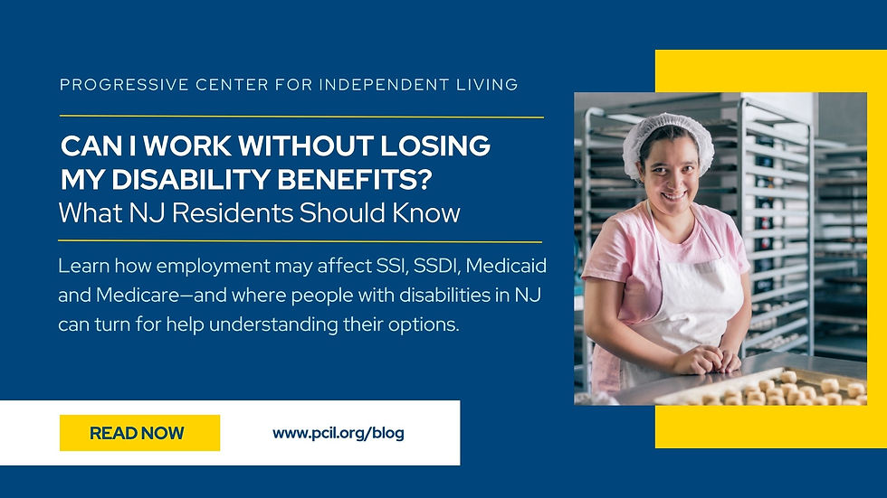 Poster about working without losing disability benefits, with smiling bakery worker in pink apron and Read Now button.