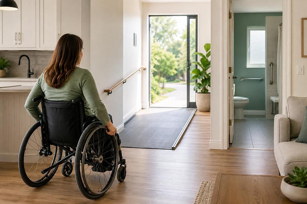 Woman in a wheelchair looks toward an open doorway in a bright modern home with wood floors, kitchen, and bathroom visible created by ChatGPT as an AI image.