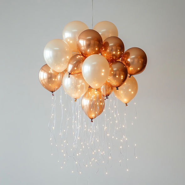 illuminated milestone birthdays gold balloon chandelier arrangement in Chars