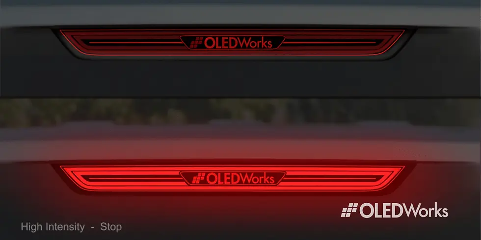 Rear red illuminated taillight that reads "OLEDWorks"