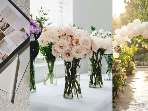 event mood board, floral options, and final balloon installation