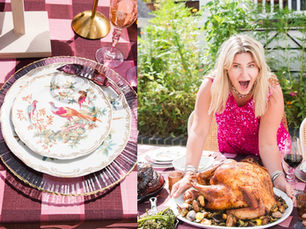 Hand selected decorative mix match china and our event host presenting the turkey for Friendsgiving.