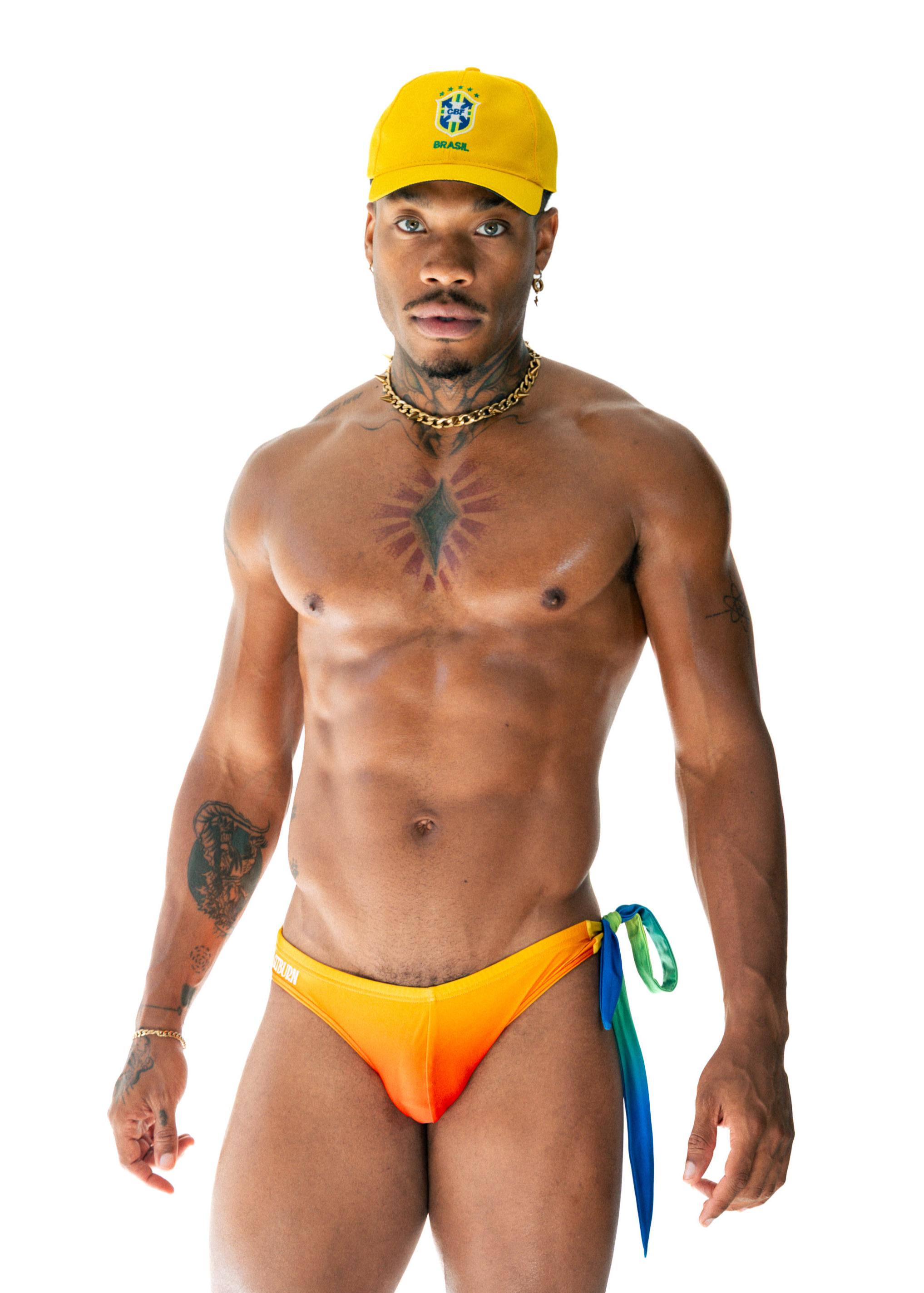 Front view of male model wearing Parrot Tie-Side men’s swim brief by SLTBURN with adjustable tie sides.