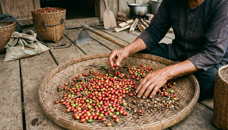 Close-up view of hands sorting coffee cherries on a woven tray.