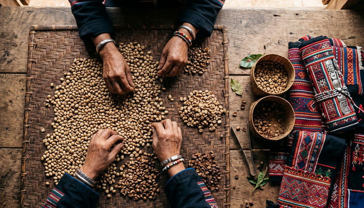 Overhead view of hands sorting coffee beans beside woven mountain textiles.