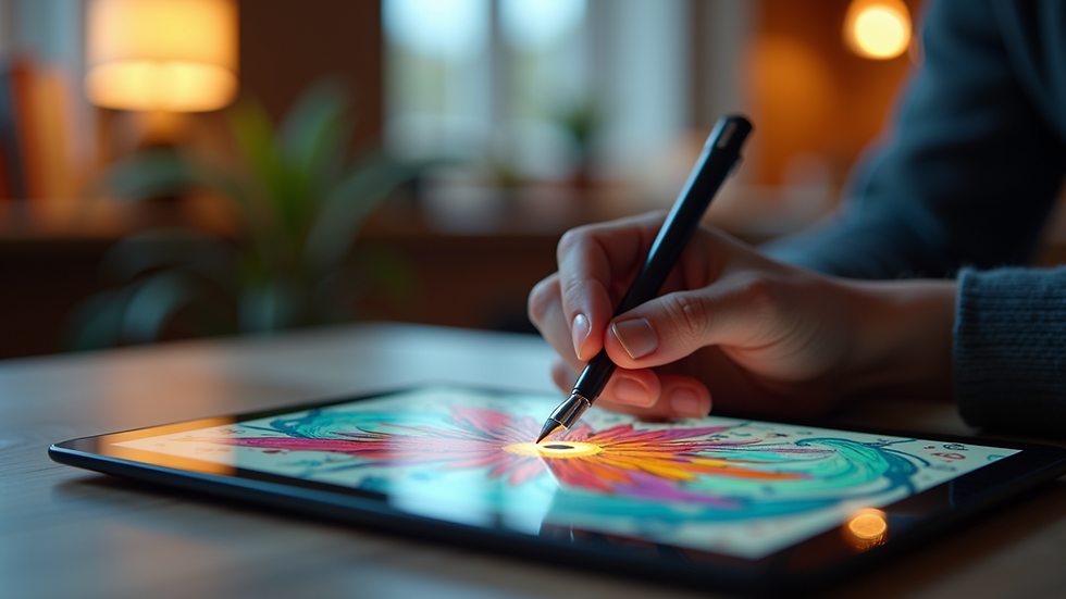 Eye-level view of a digital tablet displaying a colourful fantasy character design