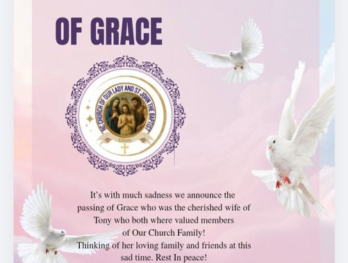 A pink background with birds fying in the sky with logo for Our lady and st John the Baptist.