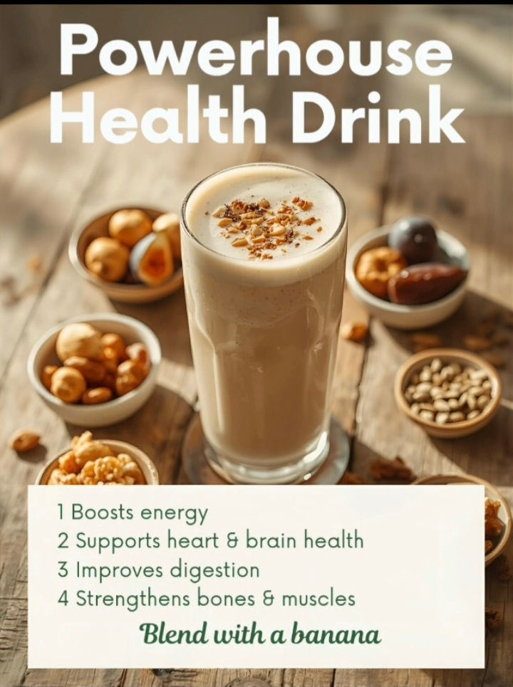 Power house milk dink in a glass on a wooden table with all the ingredients  for it.