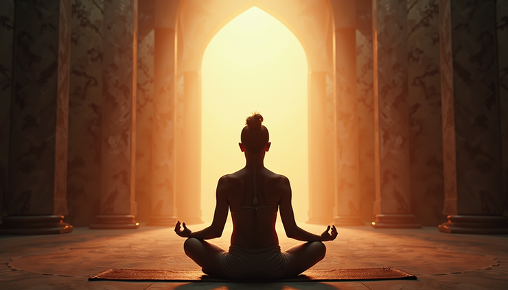 Eye-level view of a person meditating near a Schumann resonance generator emitting soft light