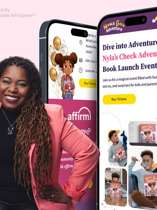 Woman smiling with phone showing Nyla's Check Adventure book launch event details