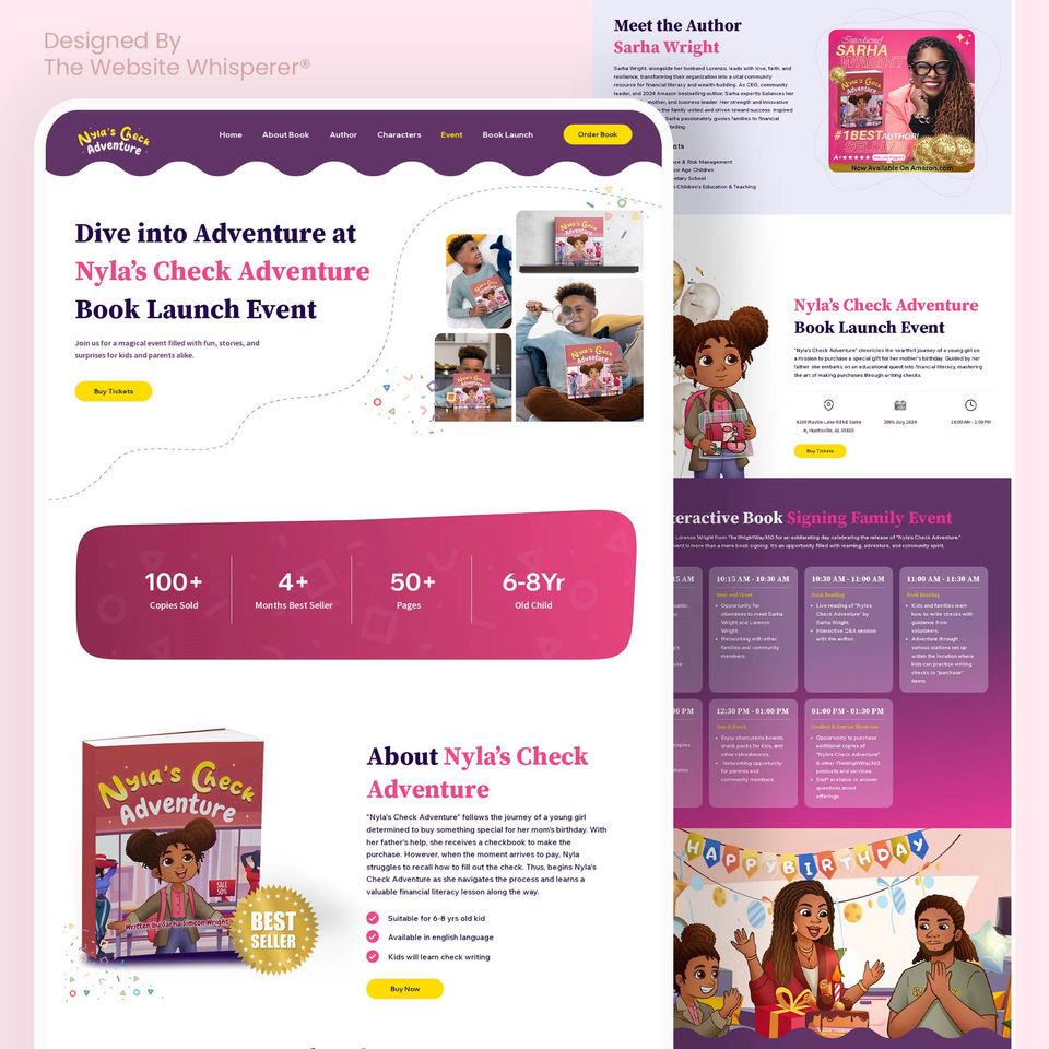 Website for Nyla's Check Adventure book, featuring a girl holding a book, book details, and author Sarha Wright