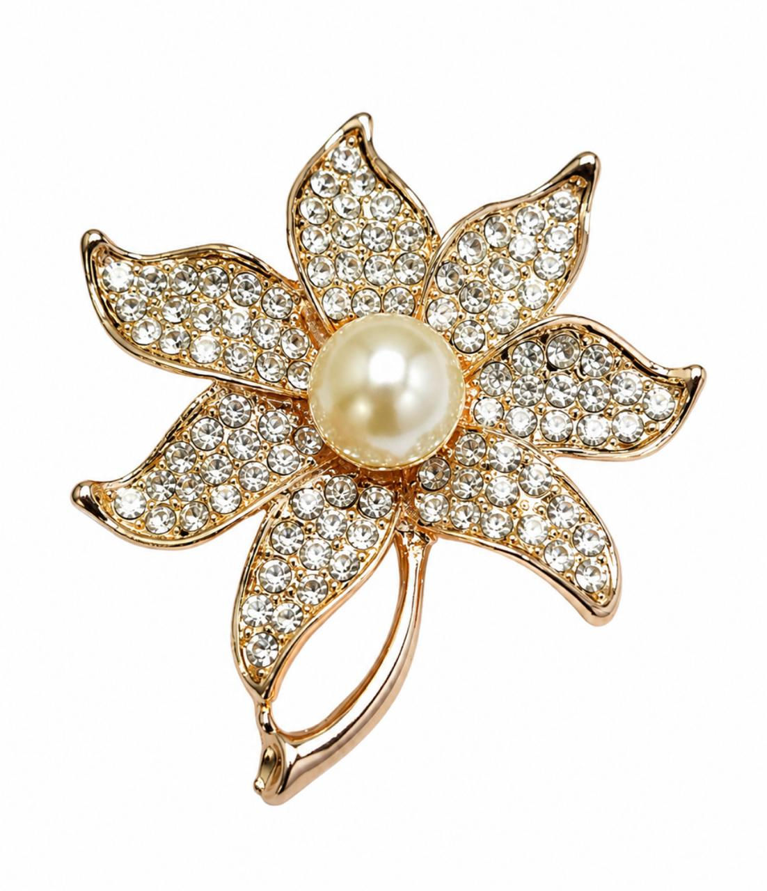 Broche Agulha Flor Cristais com Pérola