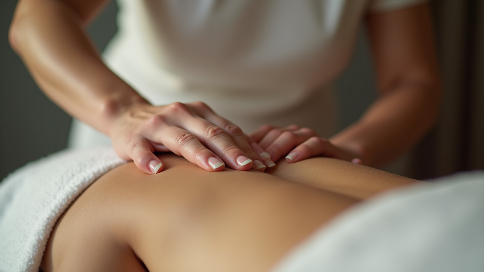 Close-up view of a massage therapist’s hands applying oil on a client’s back