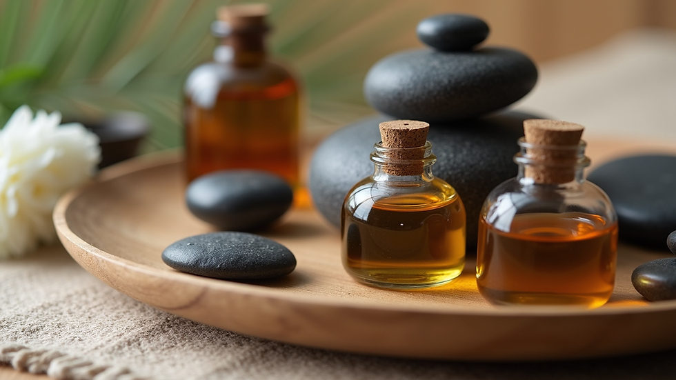 Close-up view of massage oils and stones arranged on a wooden tray