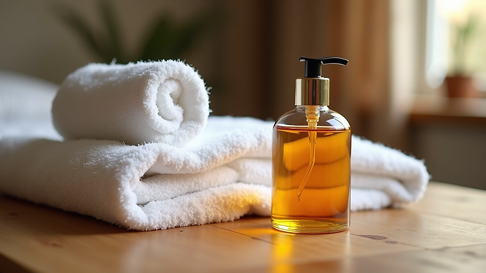 Close-up view of a neatly folded towel and massage oil bottle on a wooden table
