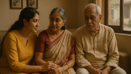 Woman in yellow comforts elderly couple on a sofa. Warm-toned room with framed photos and a window in the background. Calm mood.