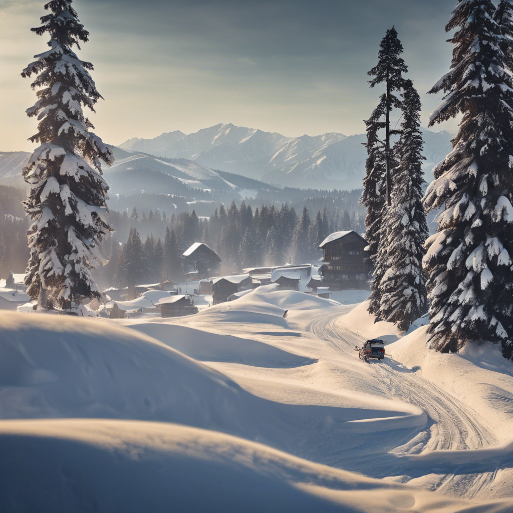 Snowy landscape with a car on a winding path, flanked by snow-laden trees. Mountains and wooden cabins in the background, serene atmosphere.