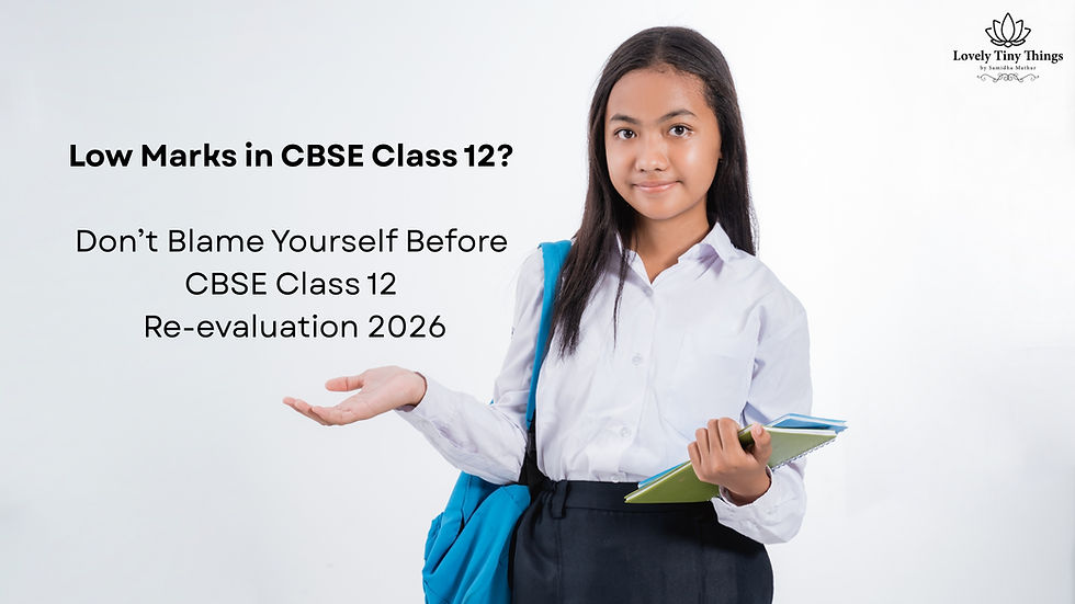 A girl in uniform holds books, gesturing with her hand. Text reads "Low Marks in CBSE Class 12? Don’t Blame Yourself Before Re-evaluation 2026."