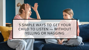 A mother yelling at her daughter, while they are sitting on a blue couch, daughter gesturing emotionally. Overlaid text: "5 Simple Ways to Get Your Child to Listen—Without Yelling or Nagging."