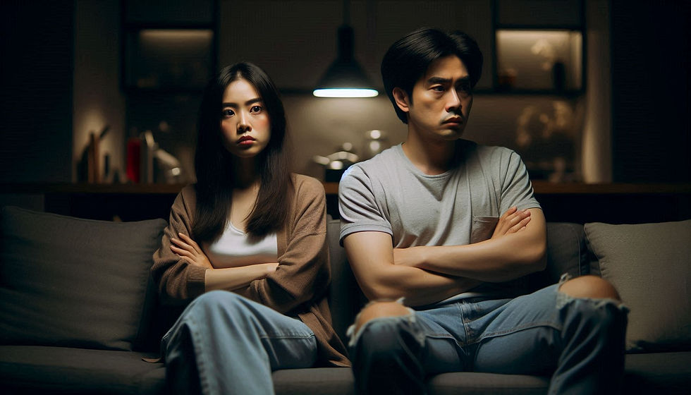 Man and woman sit on a couch with arms crossed, looking tense. Dimly lit room with modern decor, creating a somber atmosphere.