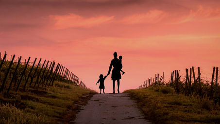 Silhouette of a person holding a child and another child's hand, walking on a path between fences at sunset. Pink sky sets a serene mood.
