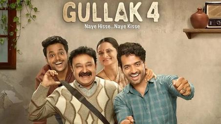 Three smiling men and a woman in cozy sweaters pose joyfully indoors. Text reads "Gullak 4: Naye Hisse...Naye Kisse" atop. Rustic vibe.