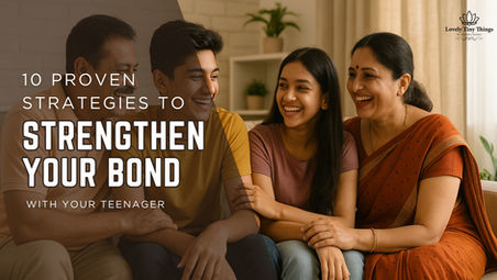Family of four smiling on a couch; text reads: "10 Proven Strategies to Strengthen Your Bond with Your Teenager." Warm, cozy setting.