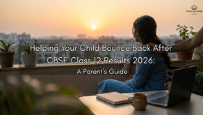 A woman in blue dress gazes at a sunset from a balcony with plants, a laptop, and books. Text: "Helping Your Child Bounce Back After CBSE Class 12 Results 2026."