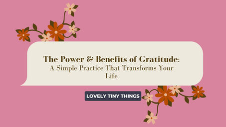 Pink background with floral designs, featuring text: "The Power & Benefits of Gratitude: A Simple Practice That Transforms Your Life." Mood is uplifting.