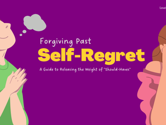 Two people with contrasting emotions on a purple background. Text: "Forgiving Past Self-Regret: A Guide to Releasing the Weight of 'Should-Haves'."