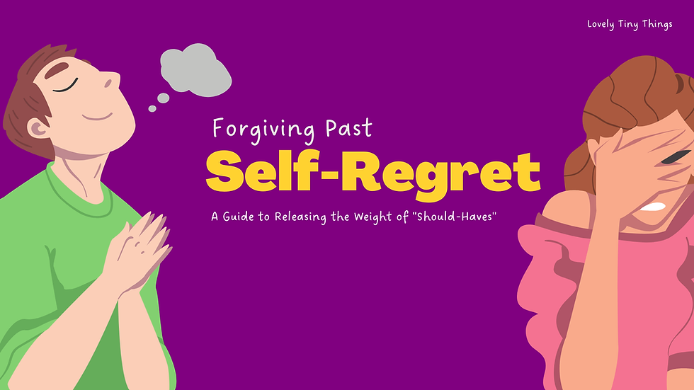 Two people with contrasting emotions on a purple background. Text: "Forgiving Past Self-Regret: A Guide to Releasing the Weight of 'Should-Haves'."