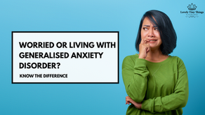 Woman in a green sweater looks anxious, worried, biting nails, against a blue background. Text reads "Worried or Living with Generalised Anxiety Disorder? Know the Difference."