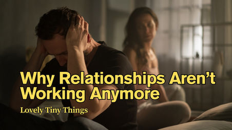 Man sitting with his head in hands while woman looks on in the background, both appearing emotionally distant—depicting the emotional disconnect, loneliness, and trust issues explored in the blog “Why Don’t Relationships Last Anymore?” on Lovely Tiny Things.