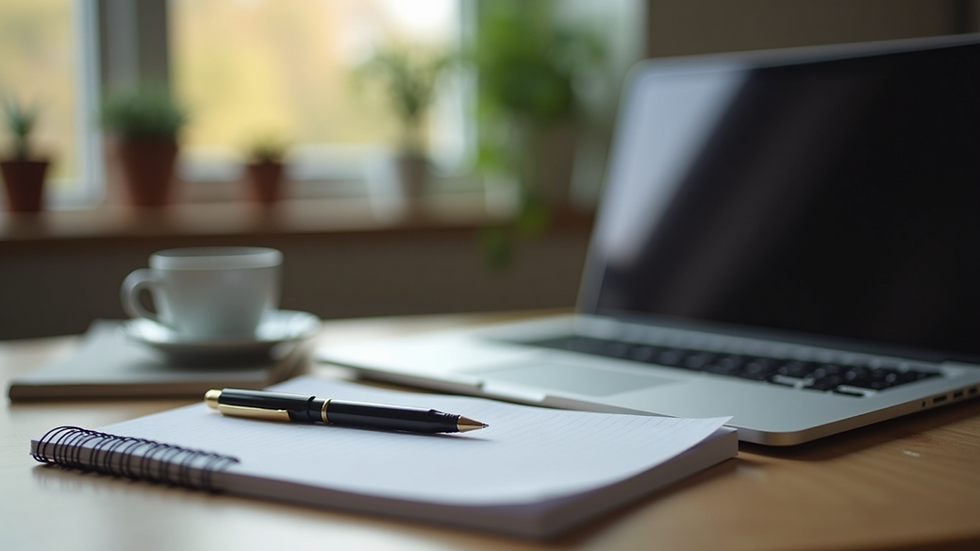 Eye-level view of a laptop on a wooden desk with a notebook and pen
