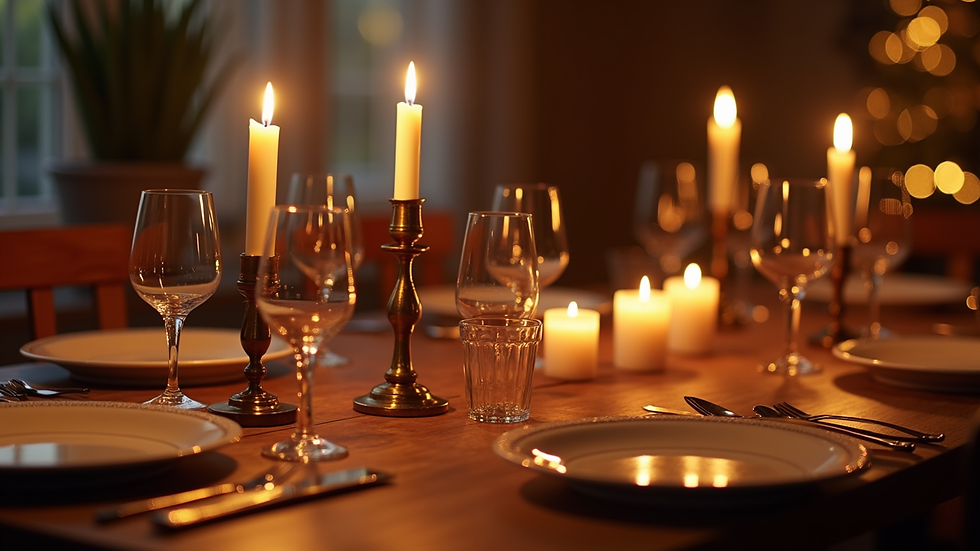 Eye-level view of a cozy dining table set for a Rakı evening with candles and traditional plates