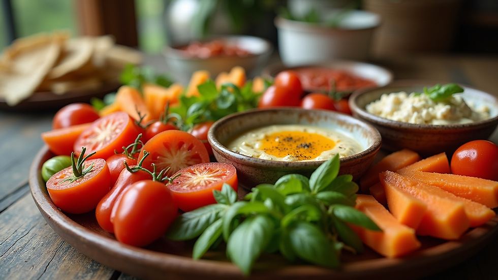 Eye-level view of a traditional ägäis mezze platter with fresh vegetables and dips