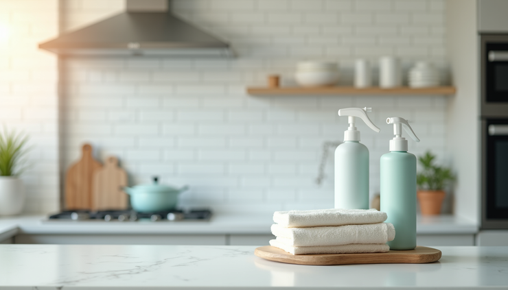 Augenhöhe Blick auf sauberen, glänzenden Küchenarbeitsplatz mit Prowin Produkten