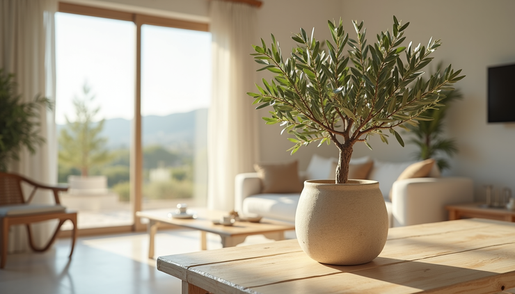 Nahaufnahme eines künstlichen Olivenbaums in einem hellen mediterranen Wohnzimmer