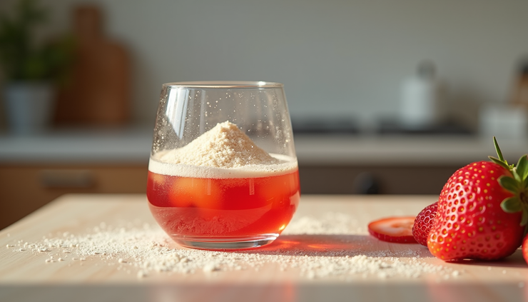 Nahaufnahme eines Glases mit Jello Cortisol Cocktail Pulver, das in Wasser aufgelöst wird