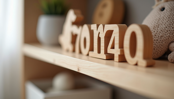 Nahaufnahme eines personalisierten Holzregals für Toniebox mit eingraviertem Namen und Holzsymbolen