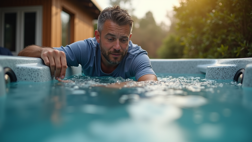 Eye-level view of a technician repairing a hot tub heater outdoors