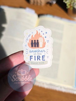 Another in the Fire Christian vinyl sticker inspired by Daniel 3:25 featuring Shadrach, Meshach, Abednego, and the fourth man in the fiery furnace, displayed in front of an open Bible.