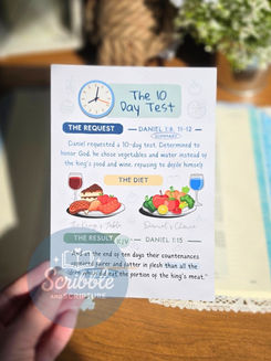 Daniel's 10-day test Bible tip-in showing Daniel choosing vegetables and water instead of the king's food with Daniel 1 Bible study summary for Bible journaling.