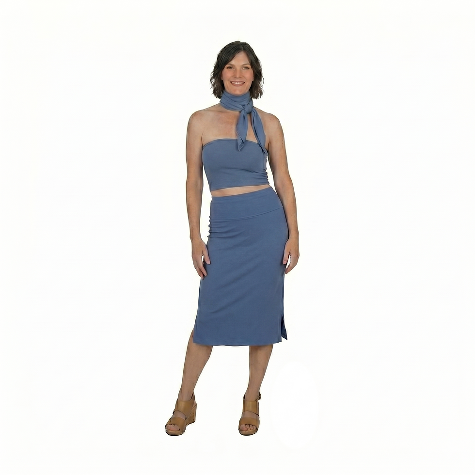 A woman in Soft Autumn makeup modeling the Muse Clothing Co. 'Straight Skirt' in Stellar Blue bamboo
