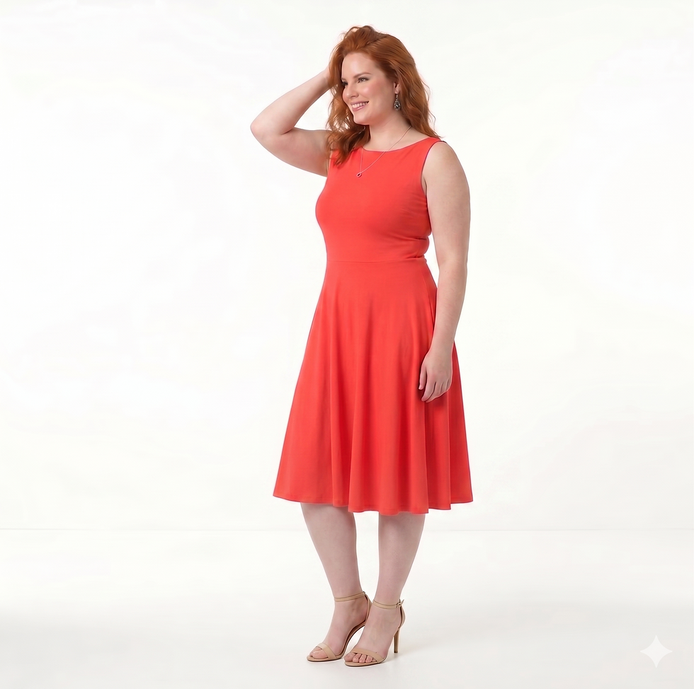 A curvy redhead model wearing the sleeveless Nicole fit-and-flare dress in a vibrant coral Desert Flower hue.