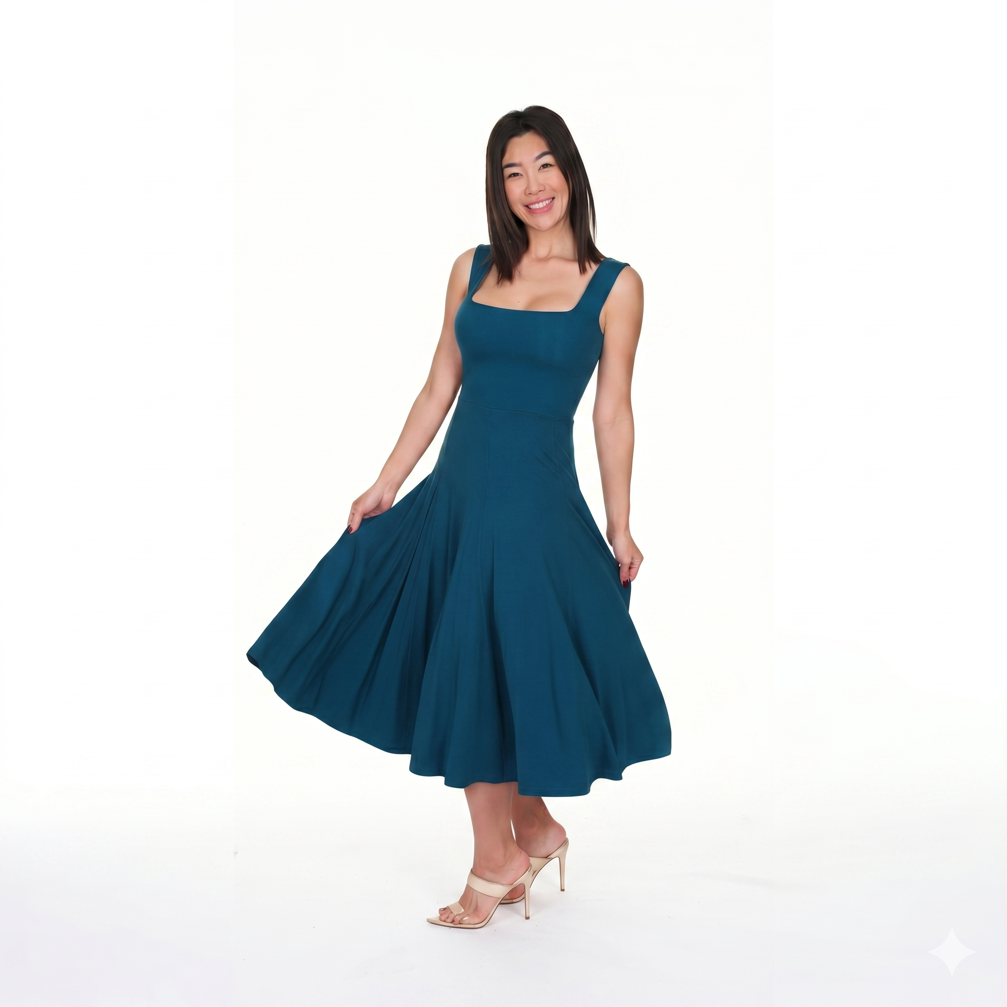 Woman wearing the Moroccan Teal fit and flare bamboo dress from Muse Clothing Co., featuring a square neckline, sleeveless bo